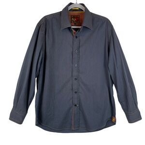 EQ Men Charcoal Gray Pinstripe Button Down Shirt Long Sleeve Embroidered Back L